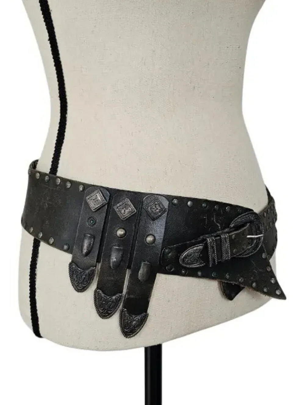 Black Studded Western Wide Waist Belt Double Buckle